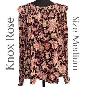 Knox Rose - Paisley Smocked Blouse Poet Sleeve Cutout Back - Size Medium